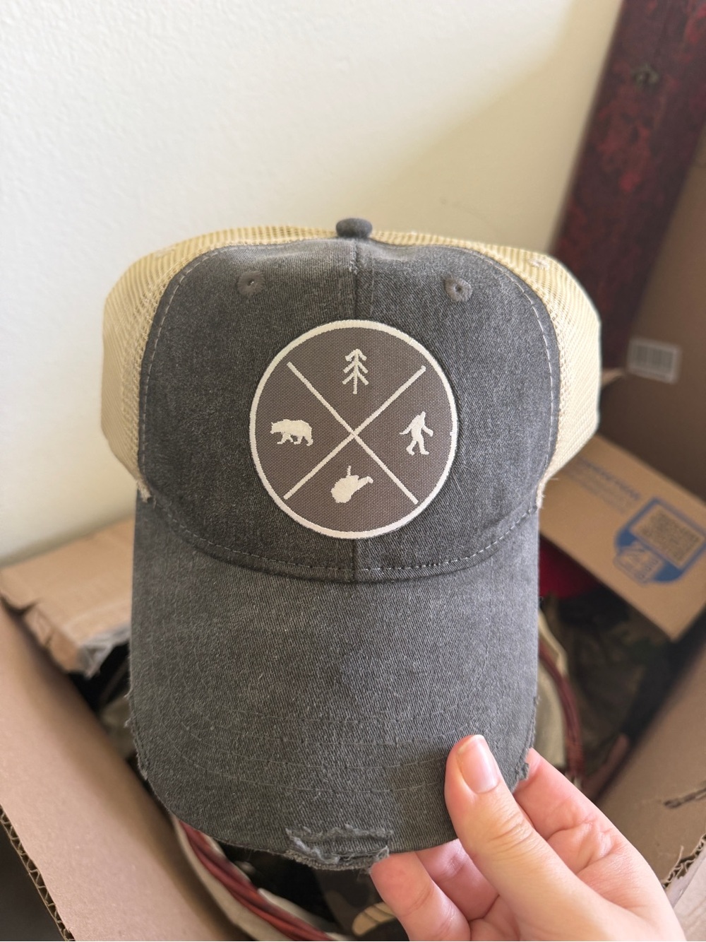 Gray & Tan Trucker Hat with Outdoor Patch